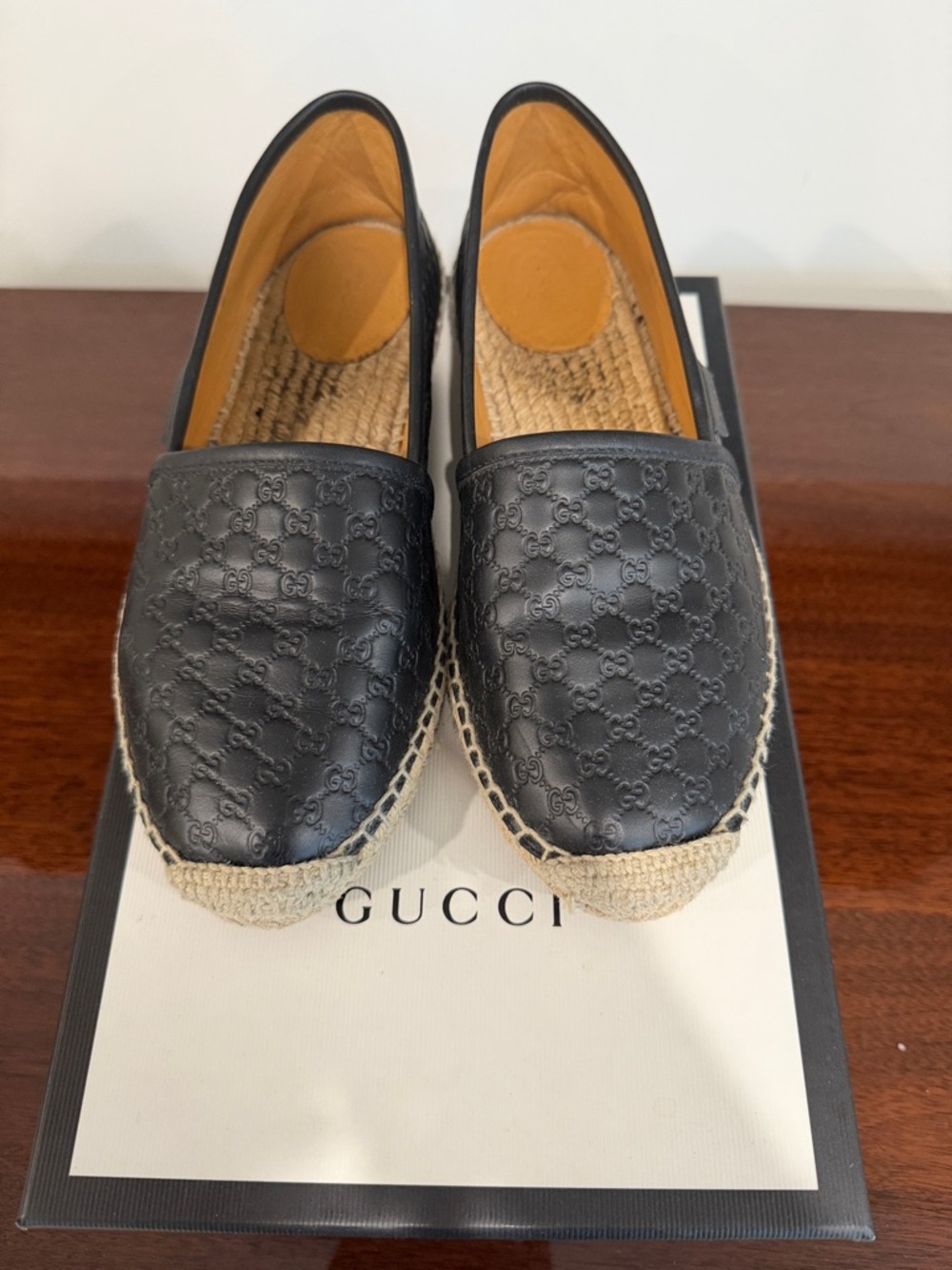 Gucci Black Leather Embossed GG Espadrille Slip-Ons